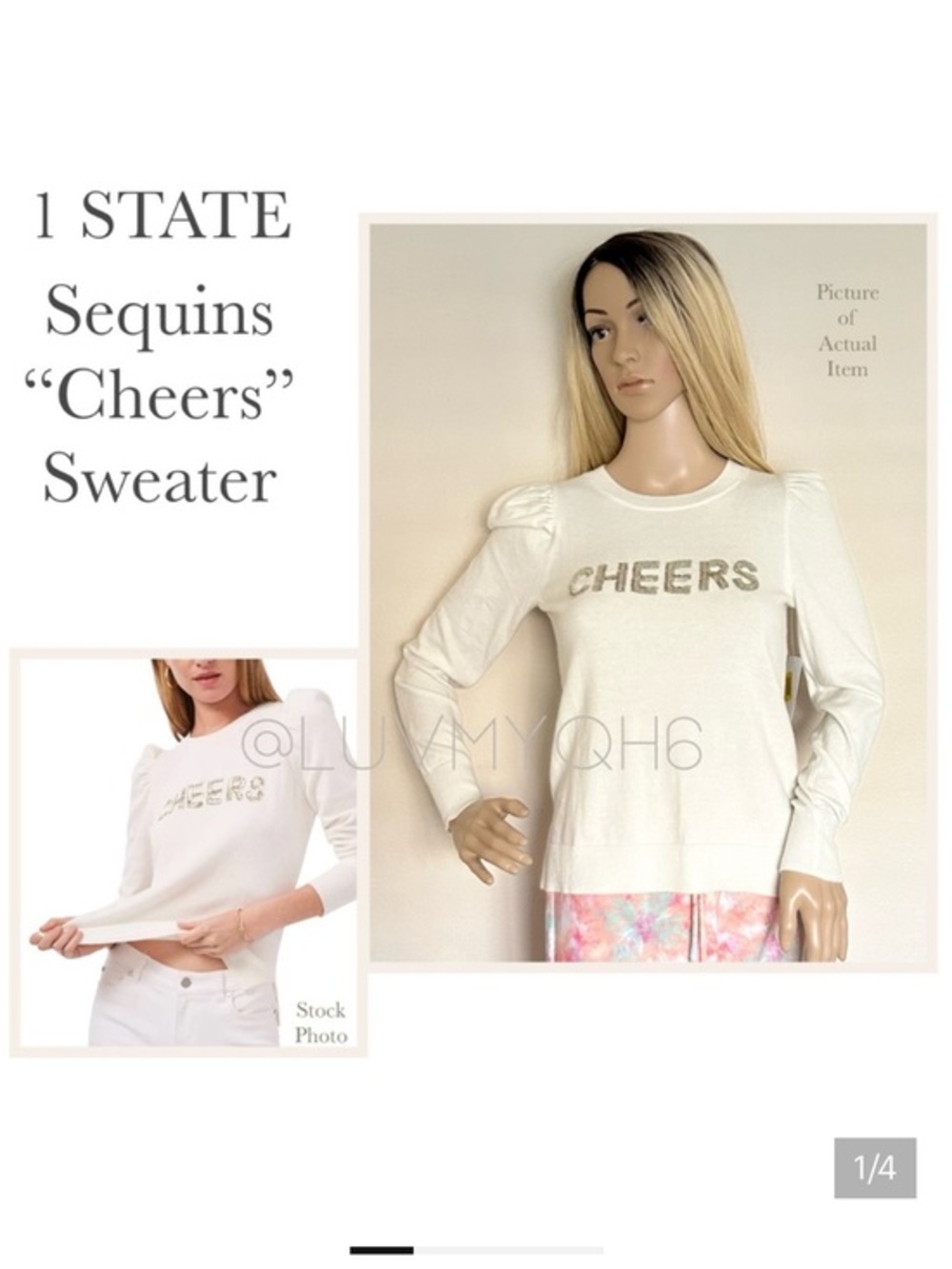 1 STATE Sequins “Cheers” Sweater White Gold Large